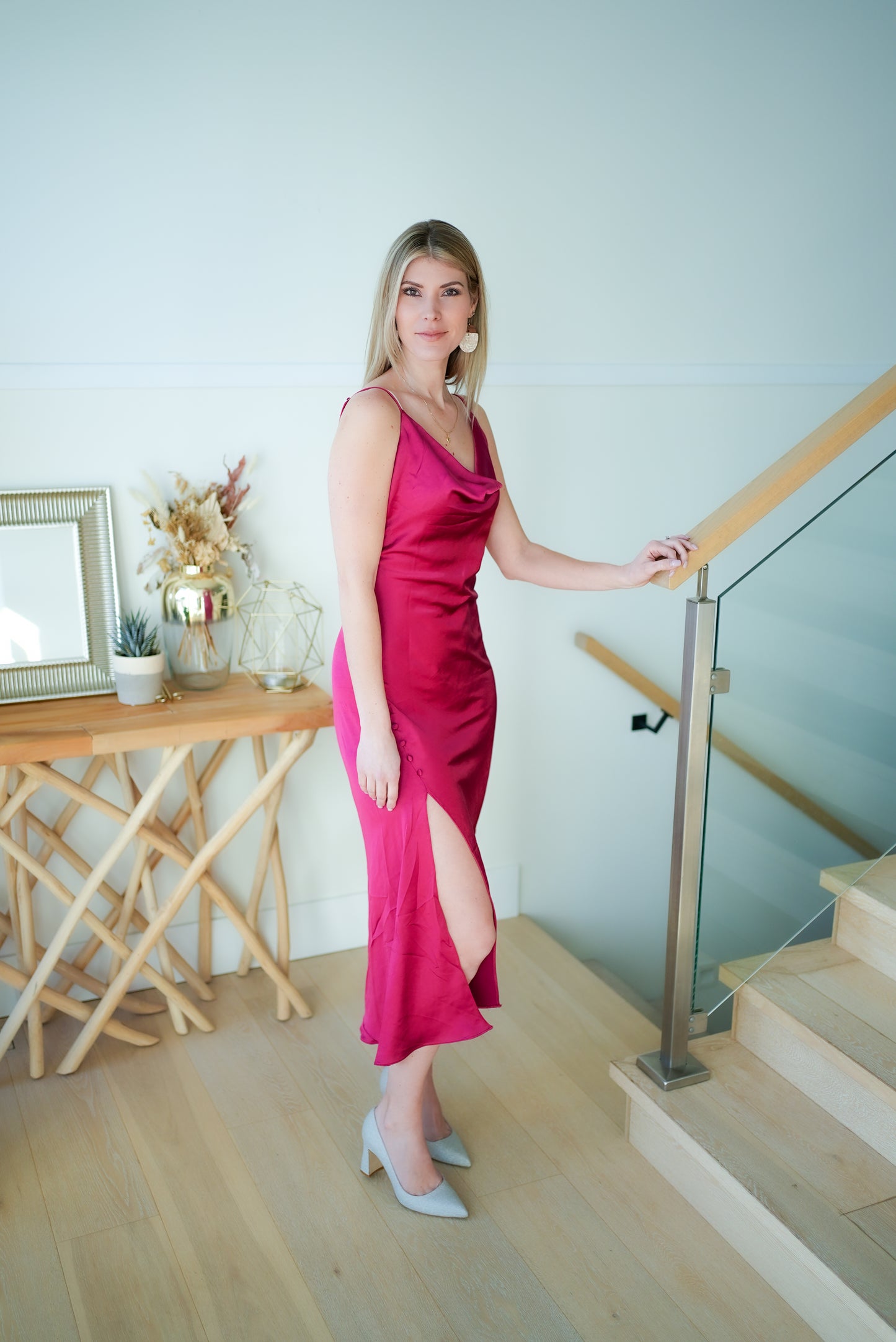 Red Satin Midi Dress