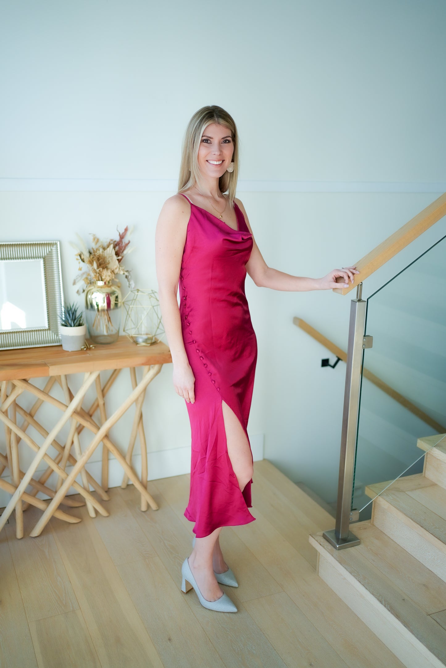 Red Satin Midi Dress