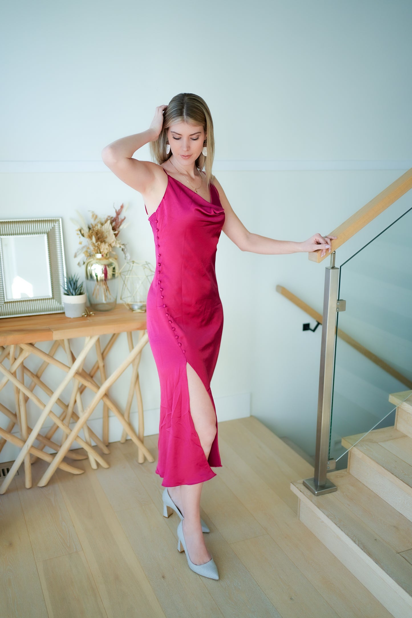 Red Satin Midi Dress