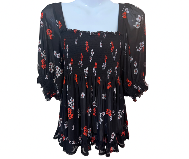 Black Floral Babydoll Top