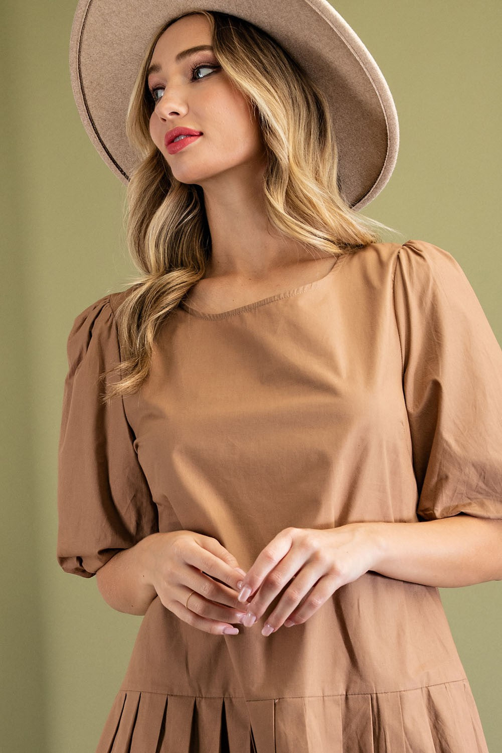 Mini Dress With Pleats - Khaki