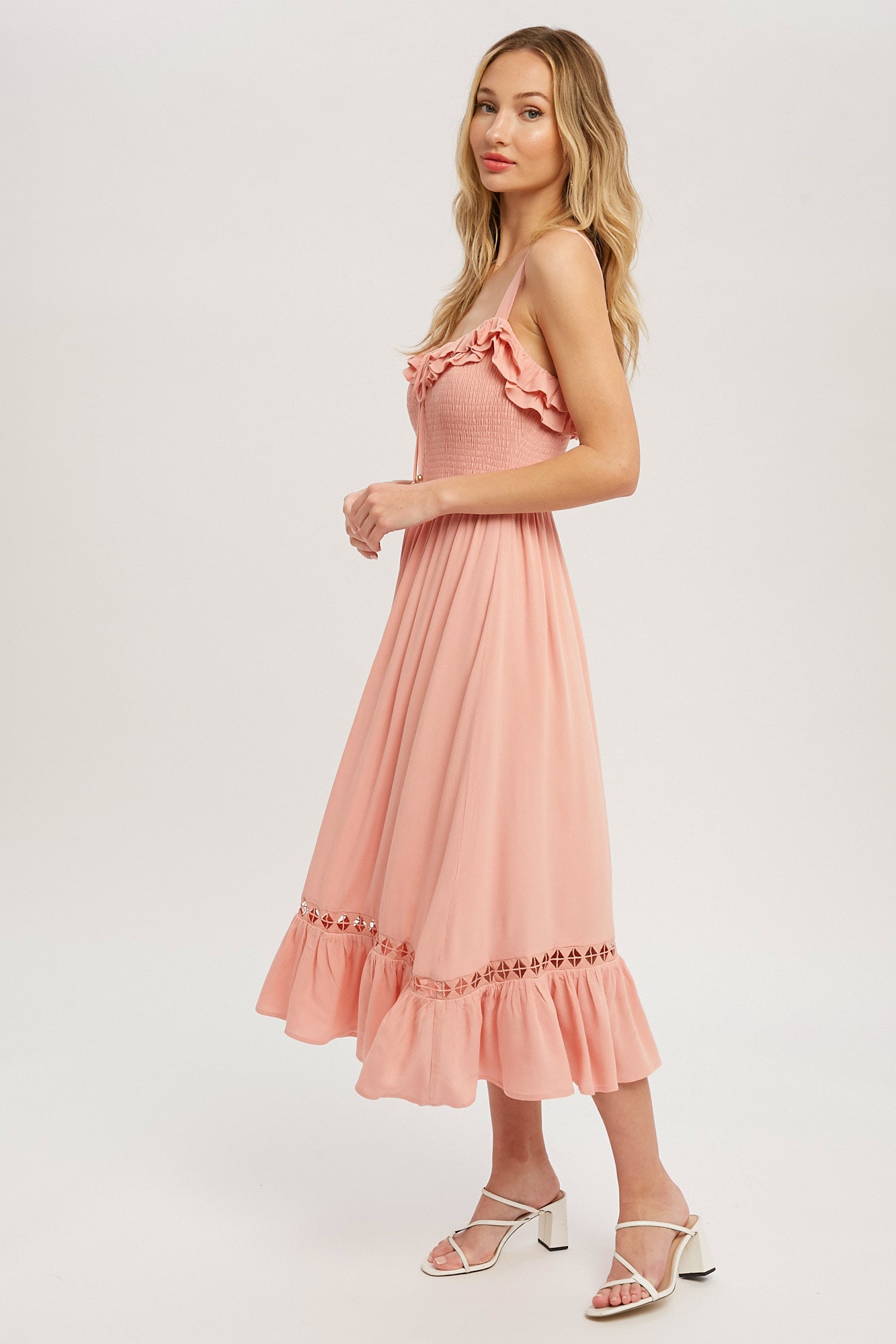 Midi Dress in Rose Color with Smocking