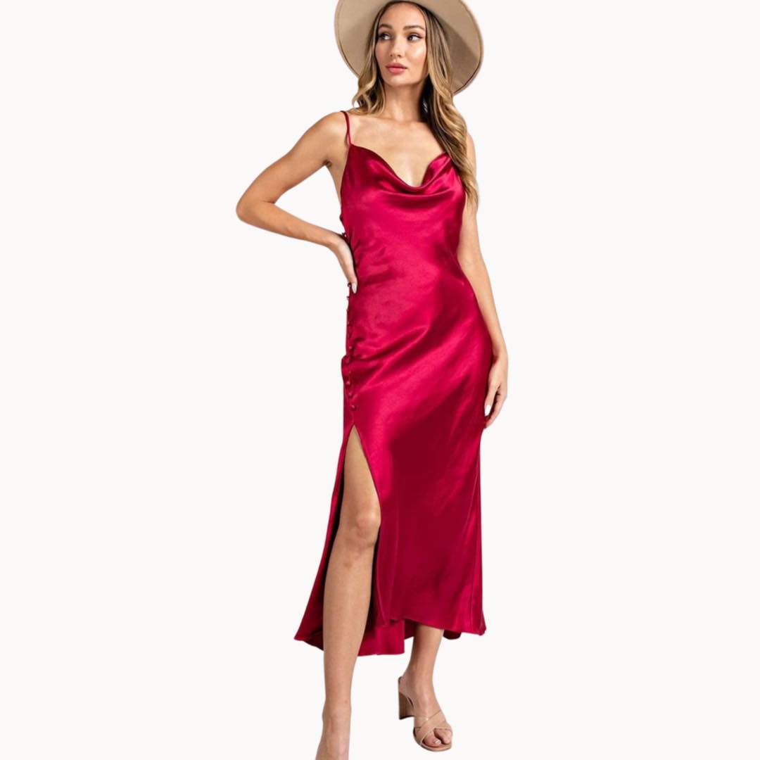 Red Satin Midi Dress