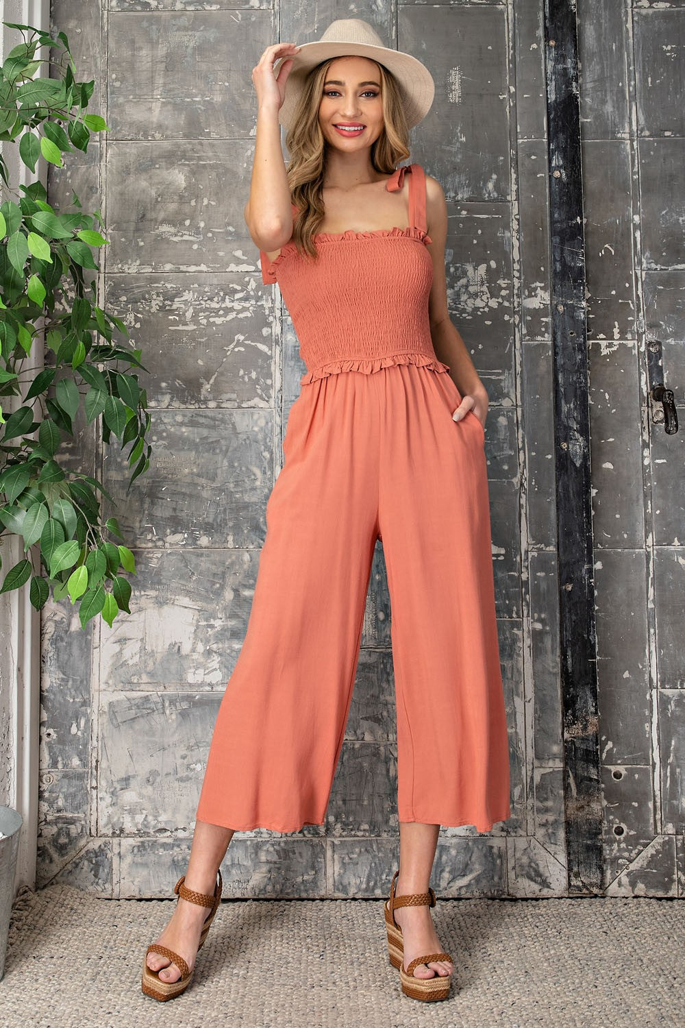 Smocked Babydoll Jumpsuit - Maple