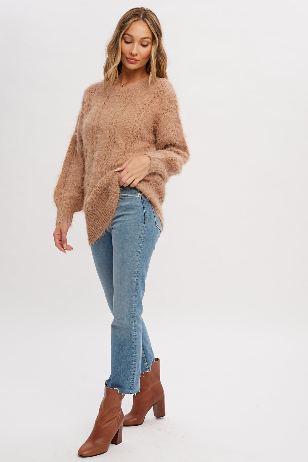 Tunic Style Fuzzy Sweater in Latte