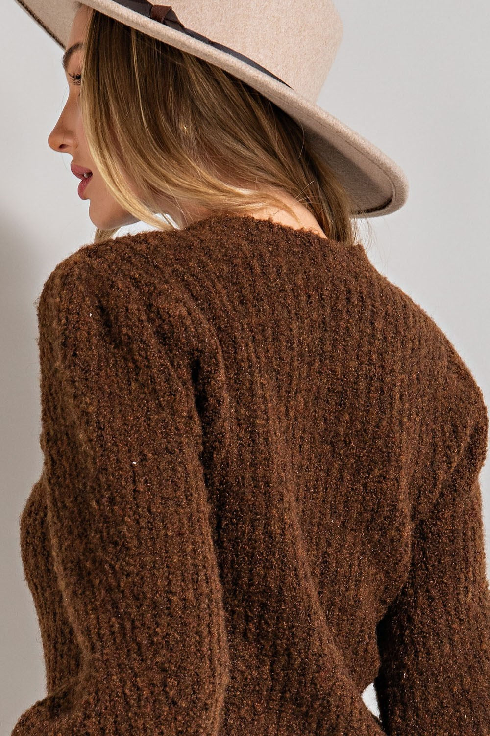 Soft Fuzzy Sweater With Puffed Sleeves in Brown