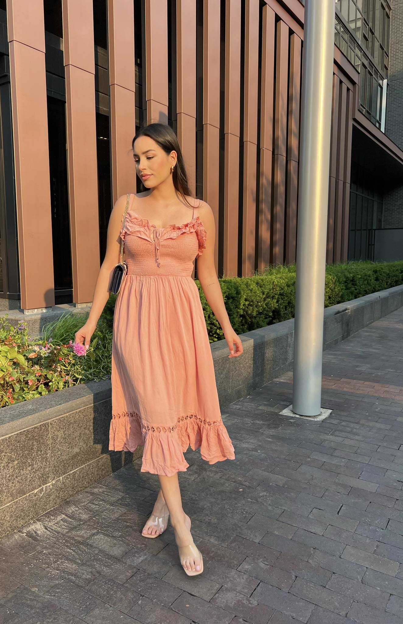 Midi Dress in Rose Color with Smocking