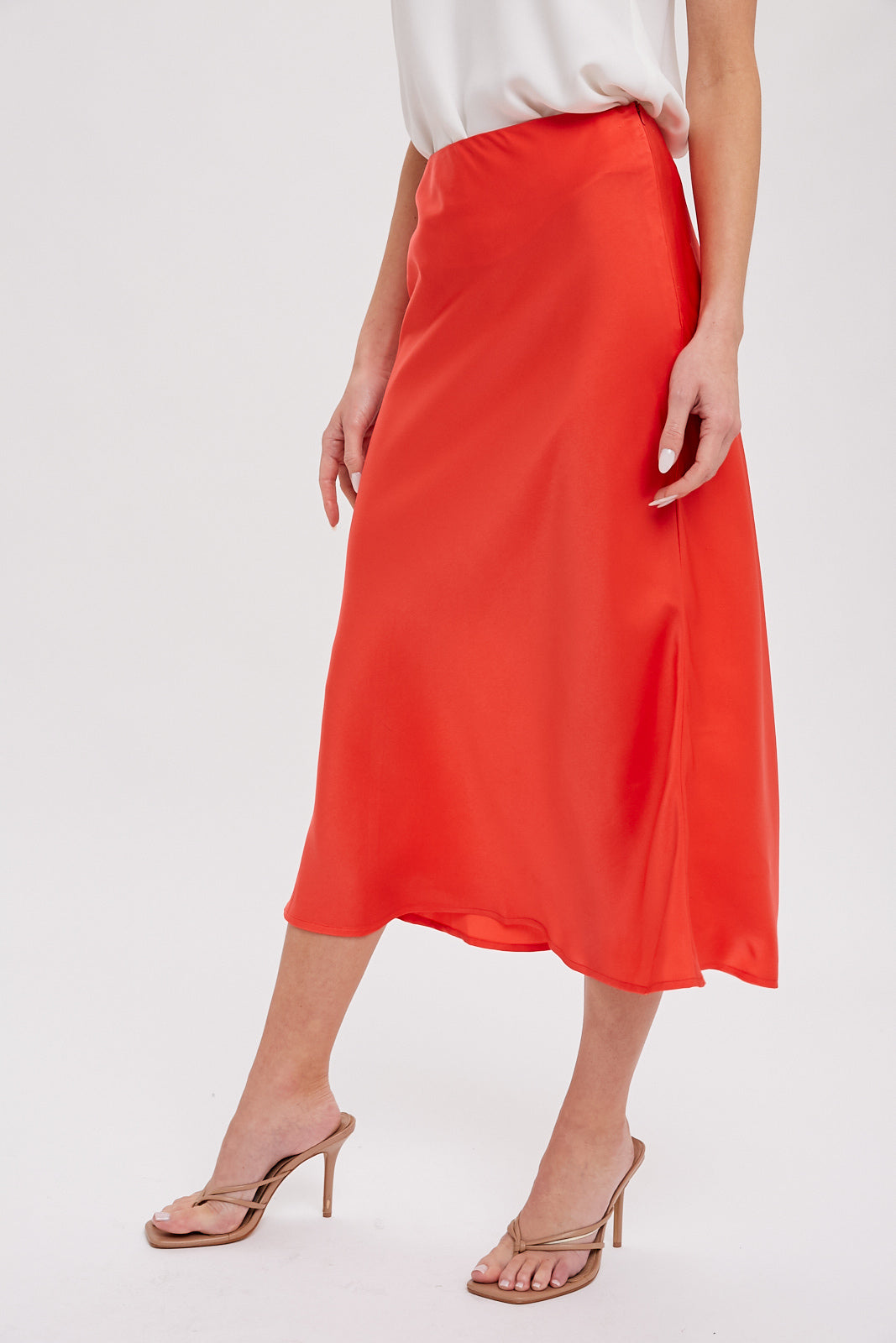 Satin Midi Skirt in Coral