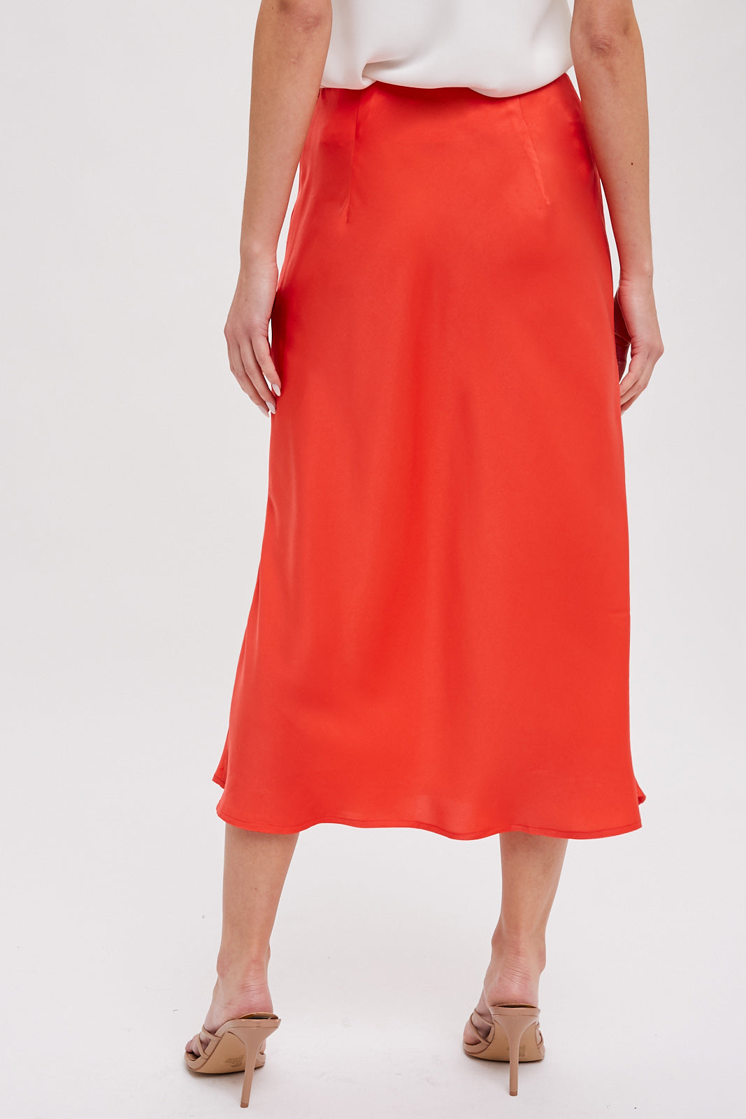 Satin Midi Skirt in Coral