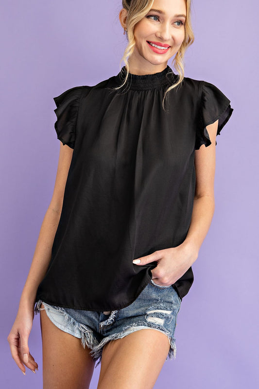 Short sleeved black satin blouse with ruffles on the sleeves, size small to large.