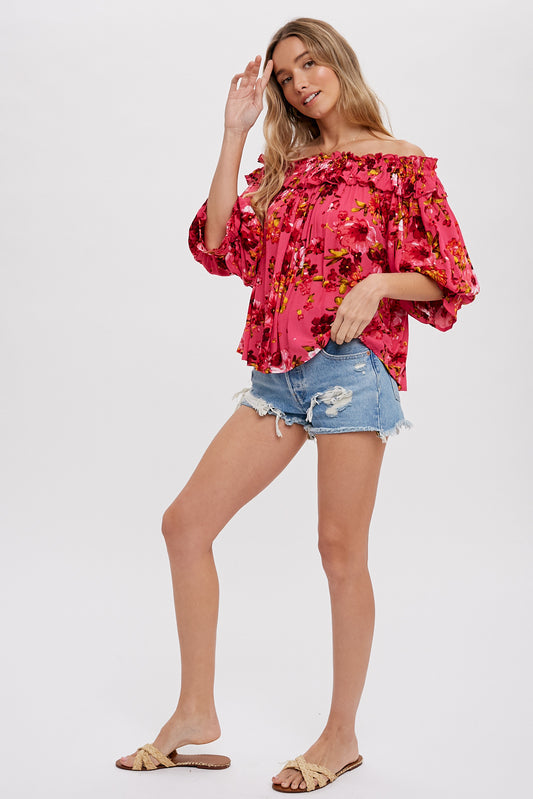 Floral Blouse With Ruffles in Hot Pink