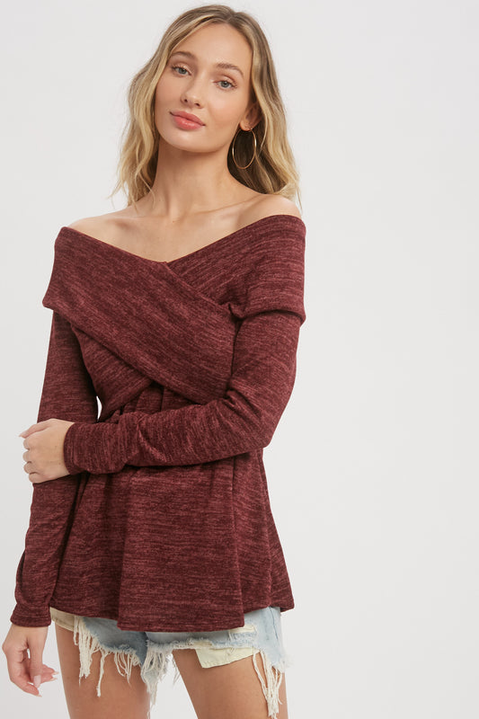 Burgundy Crossover Knit Top With Long Sleeves