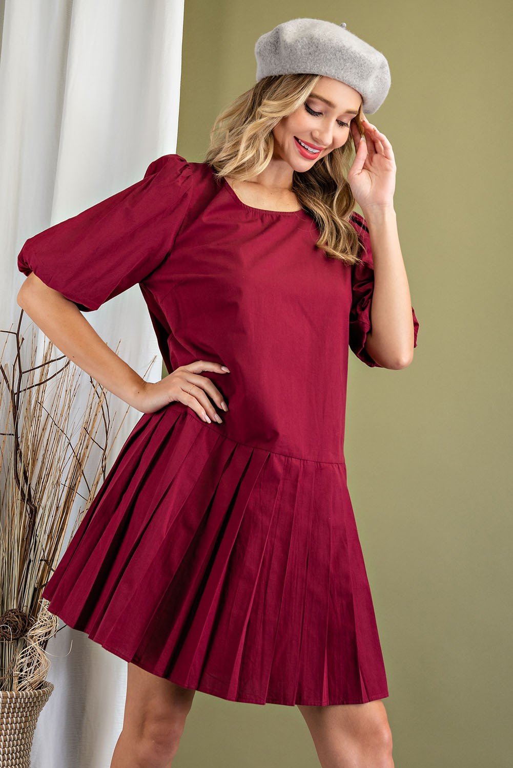 Mini Dress with Pleats - Wine