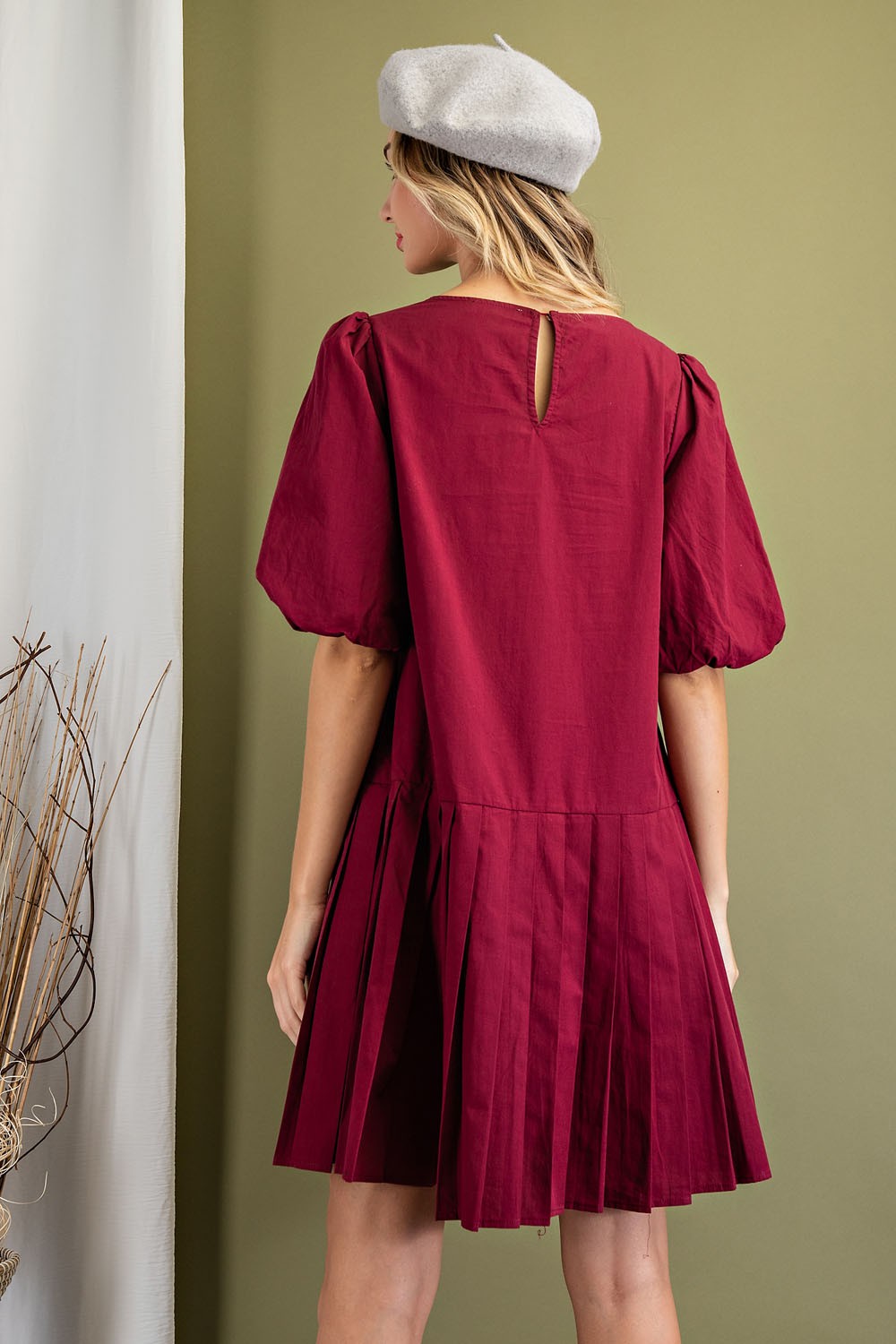 Mini Dress with Pleats - Wine