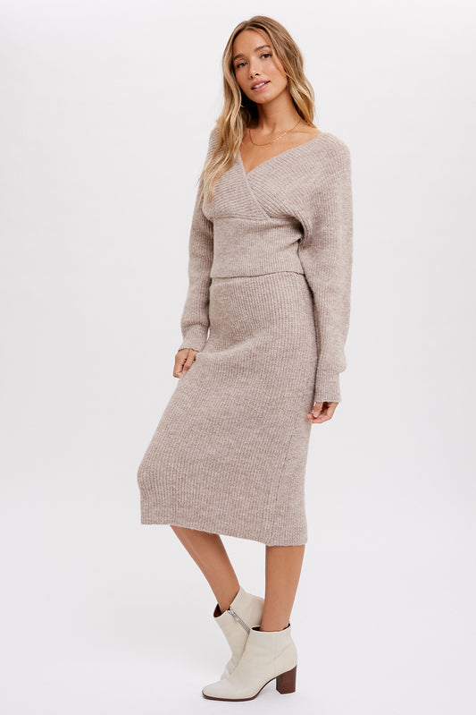 Dolman sweater and skirt set in latte color with v neck and back slit on skirt, size small to large.