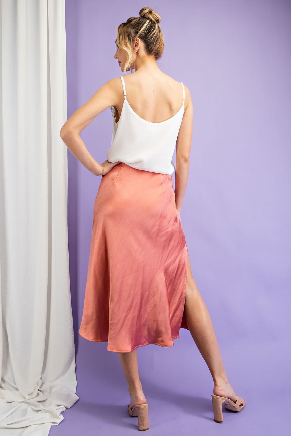 Midi Satin Skirt With Side Slit in Rose Gold