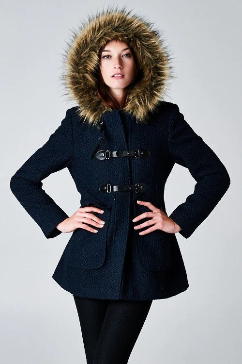 Navy color, fur trim hooded fall coat with toggle button closures, size small to large.