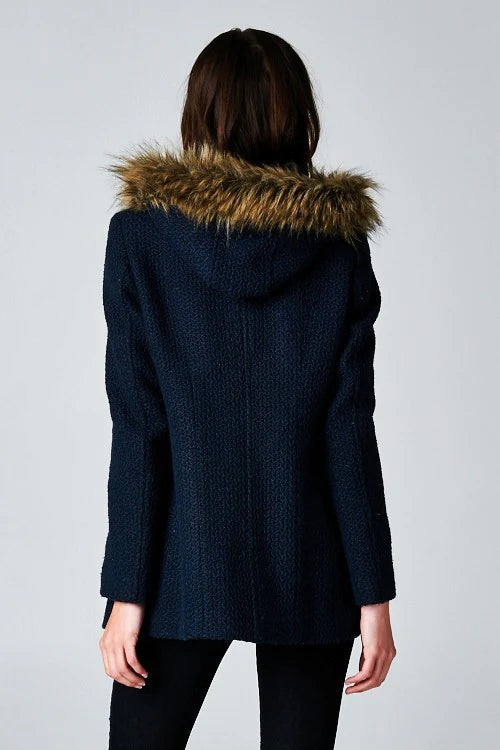 Fall Coat with Fur Trimmed Hoody in Navy Blue