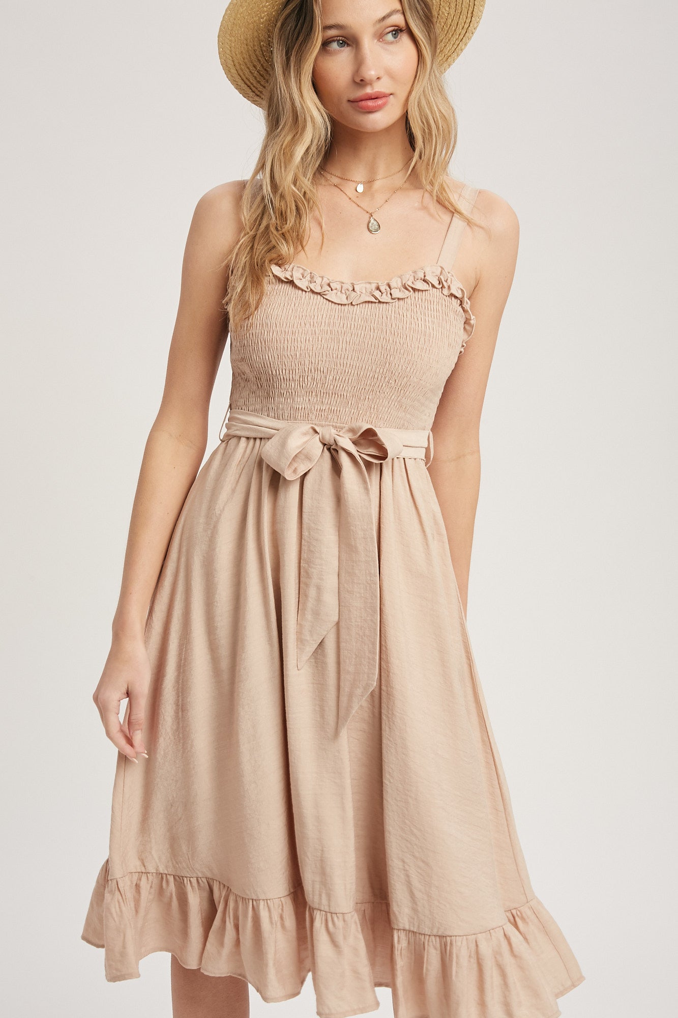 Midi Dress in Latte Color With Ruffles