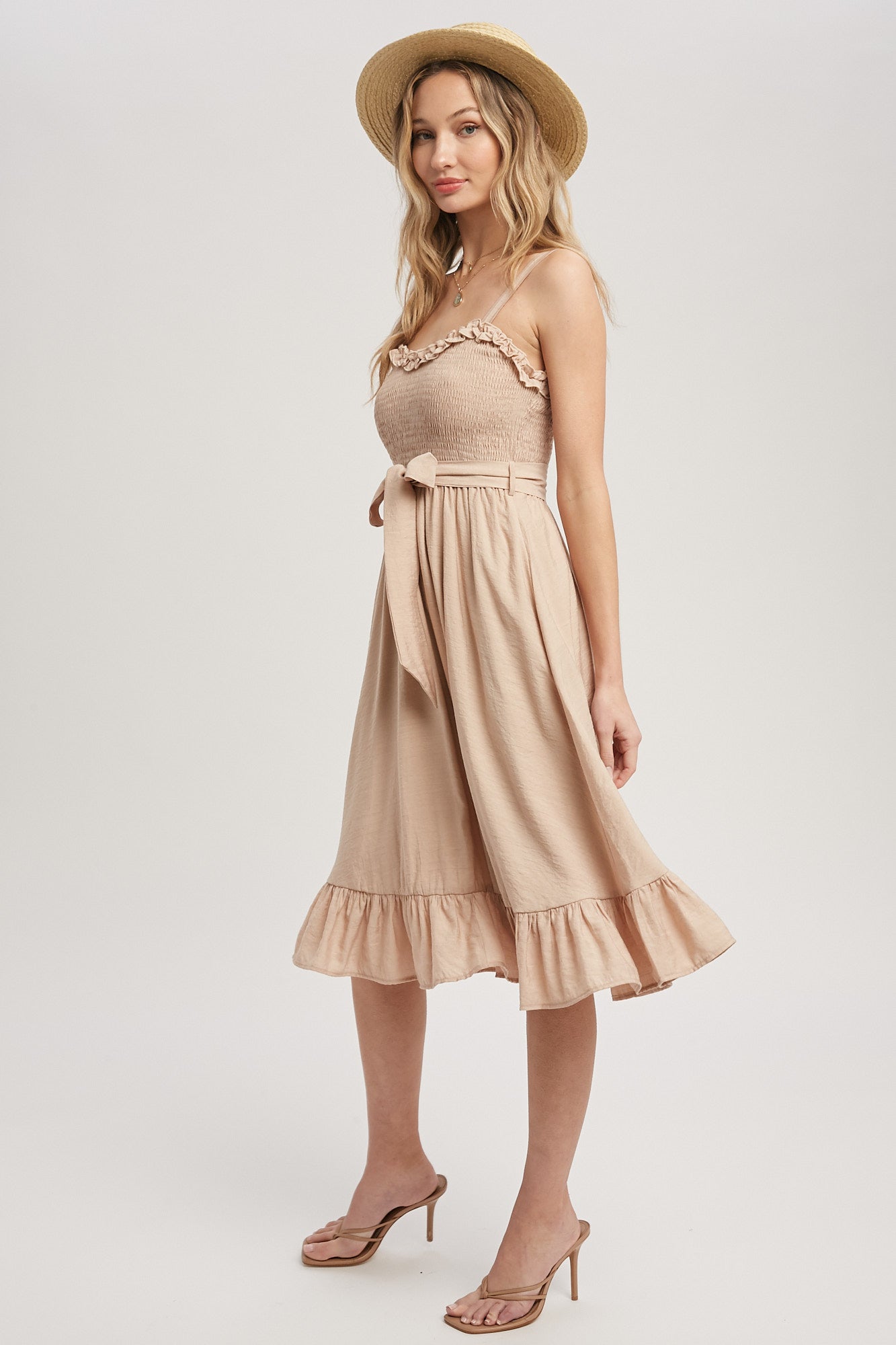 Midi Dress in Latte Color With Ruffles