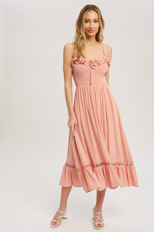 Rose colored midi dress with smocked bodice, lining, adjustable straps and a fit and flare skirt, size small to large.
