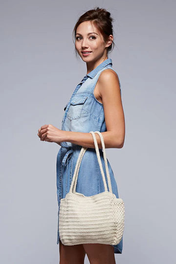 Medium size crochet knit handbag in natural color.  