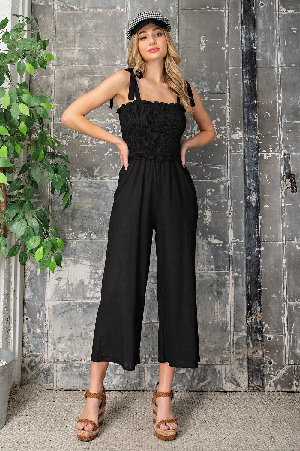 Smocked Babydoll Jumpsuit - Black