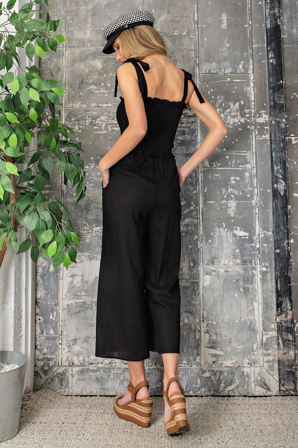 Smocked Babydoll Jumpsuit - Black