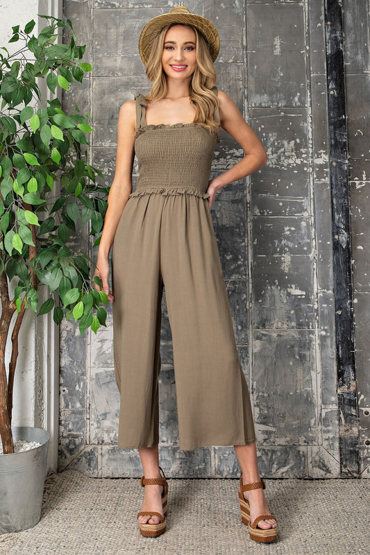 Smocked Babydoll Jumpsuit - Olive