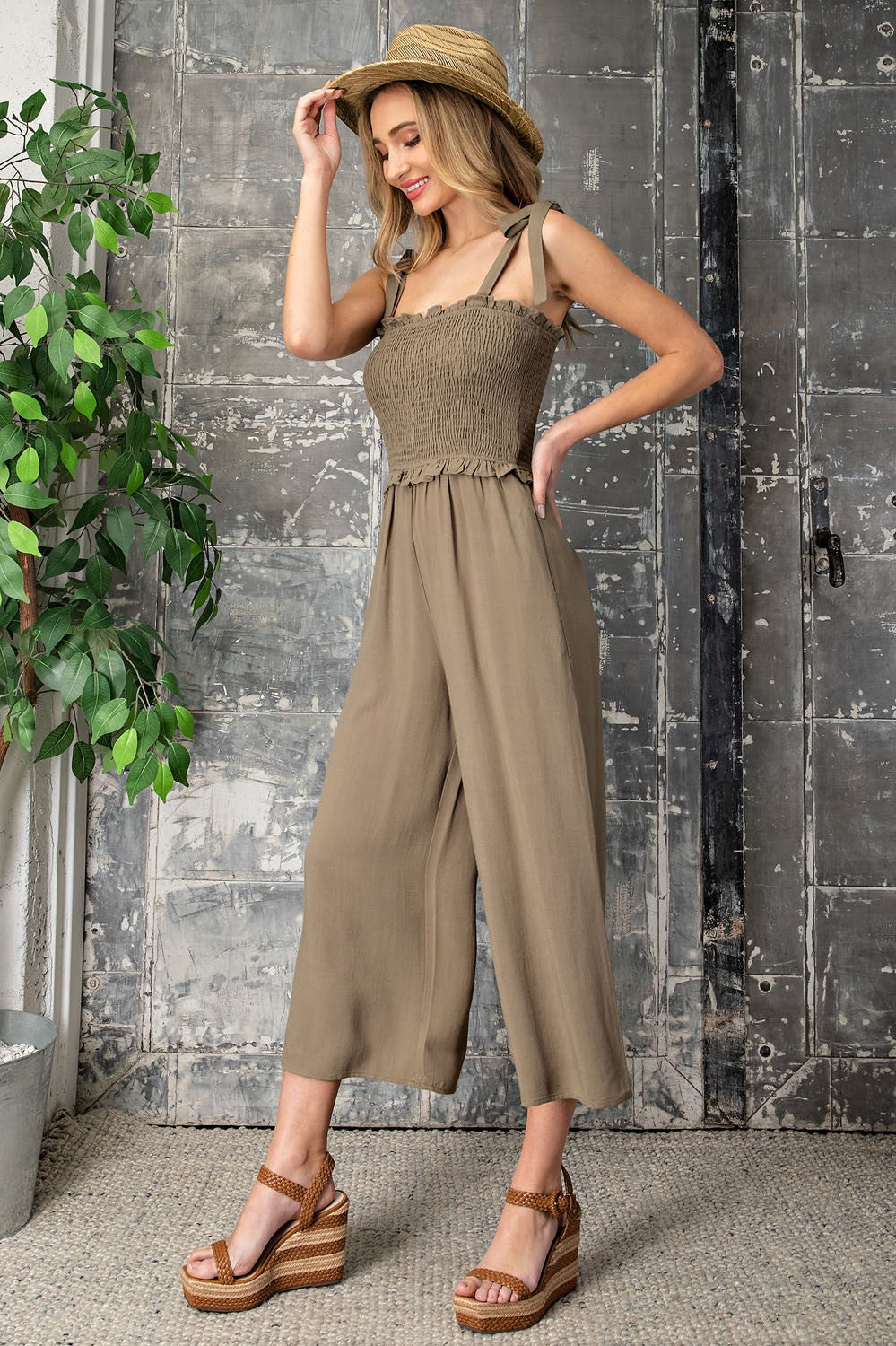 Smocked Babydoll Jumpsuit - Olive