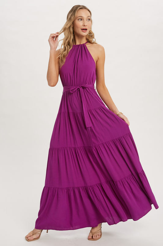 Tiered maxi dress in orchid with ties, lining and halter top, size small to large.