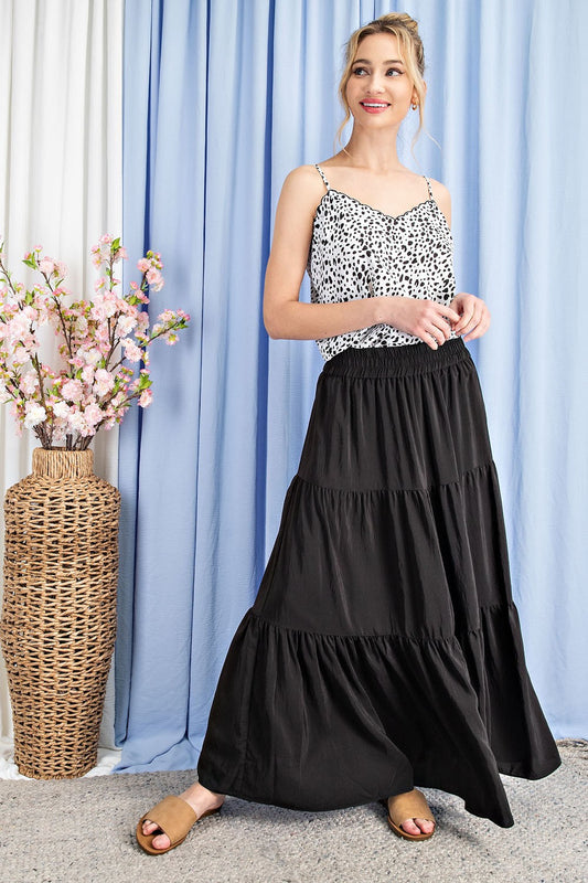 Black satin maxi skirt with tiers.  Size small to large.