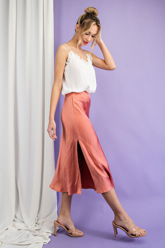 Midi Satin Skirt With Side Slit in Rose Gold
