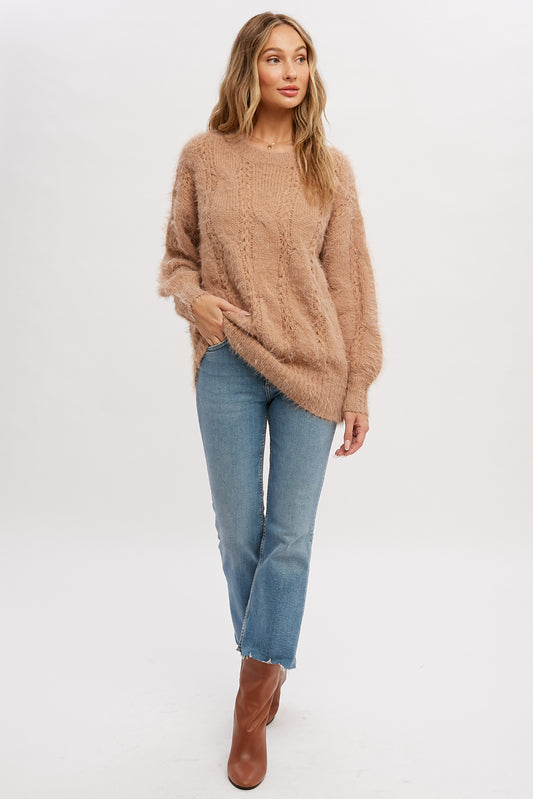 Tunic Style Fuzzy Sweater in Latte