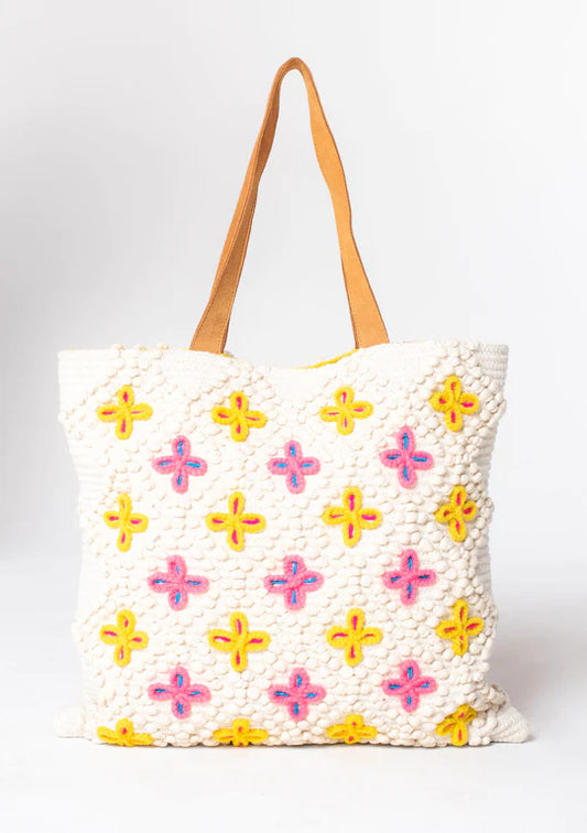 Embroidered tote bag in yellow, pink and cream color, oversized.