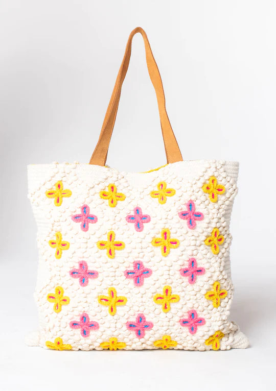 Embroidered tote bag in yellow, pink and cream color, oversized.