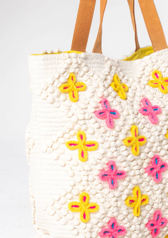 Embroidered Tote Bag - Natural/Pink/Yellow