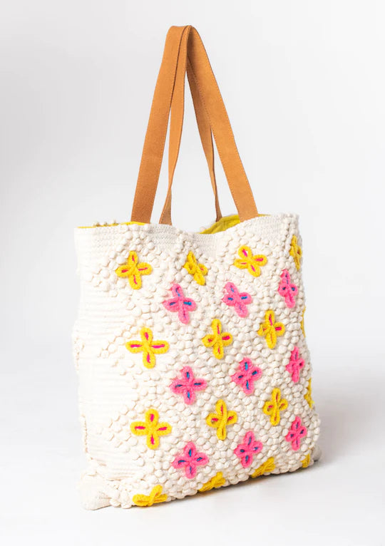 Embroidered Tote Bag - Natural/Pink/Yellow